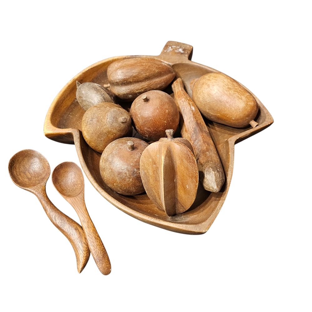Wooden Leaf-Shaped Bowl with Decorative Fruits, Fruit Bowl